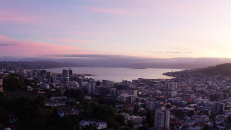 Drone-shot-of-Wellington-City-and-harbour-in-New-Zealand-at-dawn