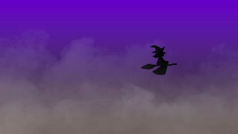 Halloween-Animation,-Schwarze-Hexe-Fliegt-Auf-Besen-über-Nebligen-Farbverlauf-Hintergrund,-Lila-Und-Braun