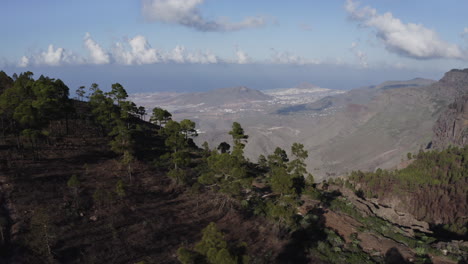Panoramic-aerial-view-above-forest-and-mountainious-landscape-of-Gran-Canaria-with-cloudy-sky-and-sea-in-the-background