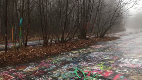 Graffiti-highway-in-Centralia-on-what-is-left-of-Route61-in-fog-and-rain