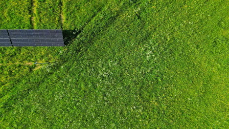 Solar-panels-generating-energy-in-green-field,-aerial-top-down-view