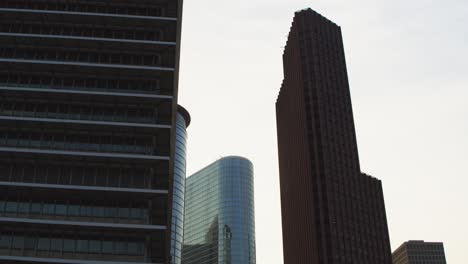 Low-angle-view-of-skyscrapers-in-downtown-Houston,-Texas