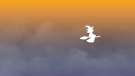 Halloween-animation-white-witch-flying-on-broomstick-over-foggy-gradient-background-orange-blue