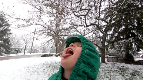 Little-Boy-Wearing-Green-Dinosaur-Winter-Jumpsuit-Catching-Snow-On-Tongue-With-Snowy-Treetops-Background-In-Flat-Rock,-Michigan,-USA---Slow-Motion