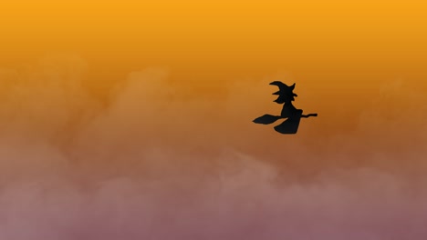 Halloween-Animation,-Schwarze-Hexe-Fliegt-Auf-Besen-über-Nebligen-Farbverlauf-Hintergrund,-Orangerot