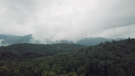 Drone-flying-up-over-forest-and-trees-in-the-Smoky-Mountains,-USA-into-the-cloudy-sky-for-an-incredible,-gorgeous-scene