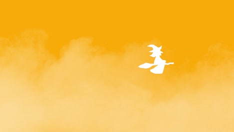 Animación-De-Halloween-Bruja-Blanca-Volando-En-Escoba-Sobre-Fondo-Sólido-Brumoso-Naranja