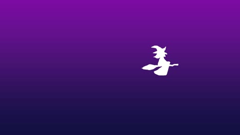 Halloween-Animation,-Weiße-Hexe-Fliegt-Auf-Besen-über-Violett-blauem-Hintergrund-Mit-Farbverlauf