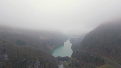 Drone-flight-over-a-Misty-mountain-Lake