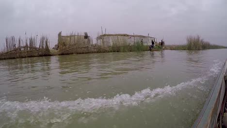 A-boat-speeding-along-the-banks-of-the-marshes-in-southern-Iraq-showing-views-of-local-homes,-farmers-and-water-buffalo-paddocks-made-from-woven-reeds