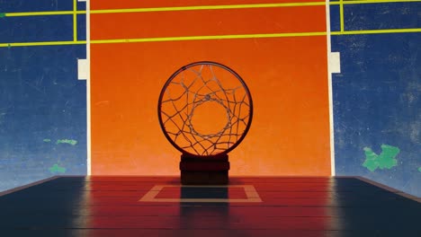 Basketball-board-and-ring-from-above,-a-basketball-ring-and-board-receiving-a-ball-thrown-in-leaving-the-net-shaking-and-the-ball-drops-on-the-court-to-bounce-one-time-and-exits-the-frame