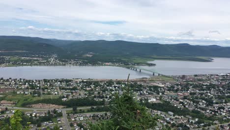 View-overlooking-Point-A-La-Croix,-Quebec-and-Campbellton,-New-Brunswick-from-Sugarloaf-Mountain-in-July