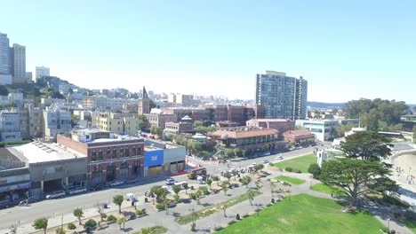 Drone-Aerial-Shot-of-San-Francisco-Fisherman's-Wharf-and-City