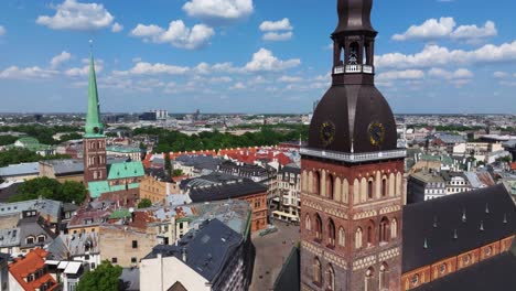 Cinematic-Establishing-Shot-Above-Riga-Cathedral,-Dome-Square-in-Latvian-Old-Town