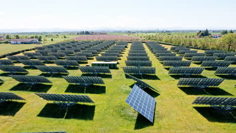 Filas-De-Paneles-Solares-En-Un-Vasto-Campo-Verde-Bajo-Un-Cielo-Azul-Claro.