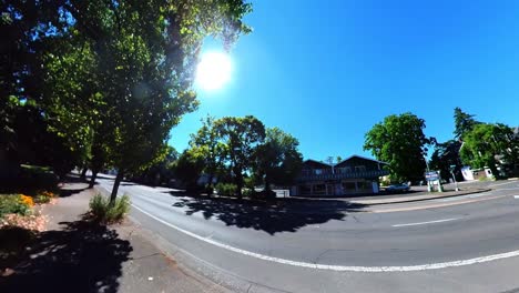 Smooth-action-camera-capture-of-W-11th-and-Mill-st-Downtown-Eugene,-Oregon-in-the-summer-of-2022