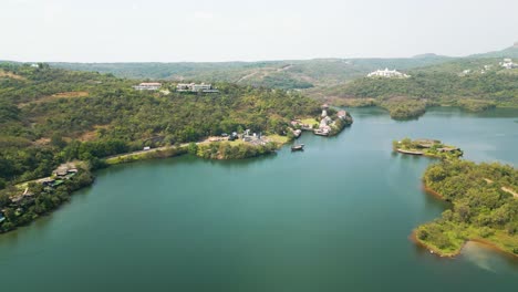 Lake-view,-Raigarh-Fort,-drone-overview-in-Aamby-Valley-City,-India,-Pune