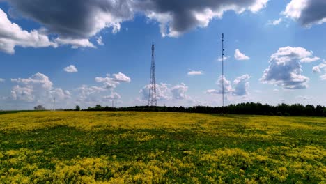 Skujene,-Latvia,-Europe---Towers-Nestled-Within-the-Verdant-Landscape---Drone-Flying-Forward