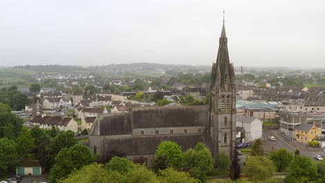 Saint-Michael's-Church-in-Ballinasloe-Galway-establishing-dolly-slow-gentle-push-in-on-foggy-day