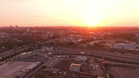 London-sunset-drone-flying-toward-the-sun-stratford-stadium