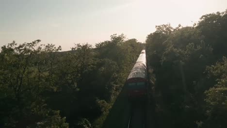 Dynamische-Luftaufnahme-Von-Einer-FPV-Renndrohne,-Die-Zwischen-Bäumen-Fliegt-Und-Einen-Rot-Gefärbten-Personenzug-Verfolgt,-Der-Auf-Einer-Alten-Eisenbrücke-Den-Fluss-Morava-überquert