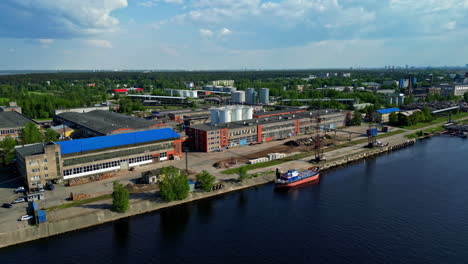 Commercial-buildings-near-harbor-of-Riga,-aerial-drone-view
