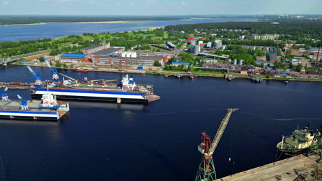Industrial-area-of-Riga-harbor,-aerial-drone-view