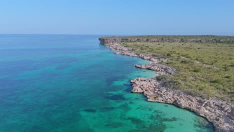 Exotic-landscape-coastline-drone-flight-along-tropical-island-in-the-summer