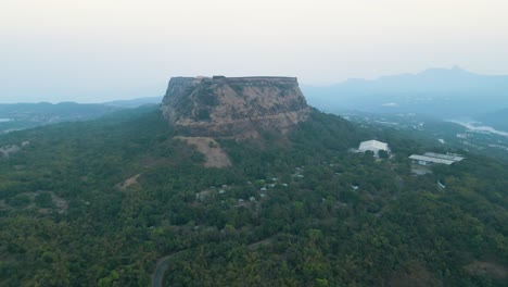 Raigarh-Fort,-drone-overview-establishment-shot,-tourist-location-in-Aamby-Valley-City,-India,-Pune