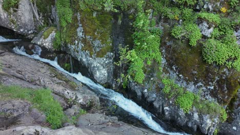 Fluss,-Der-Am-Grund-Einer-Schlucht-Fließt,-Mit-Moos-Und-Vegetation,-Die-An-Den-Felsen-Befestigt-Sind