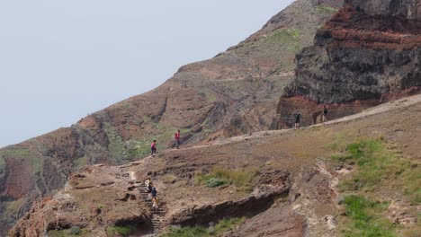 Tourists-hiking-on-trail-at-Ponta-de-Sao-Lourenco-peninsula-Madeira,-Portugal