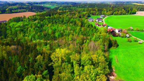 Luftaufnahme-Eines-Lebendigen-Grünen-Waldes-Mit-Nahegelegenen-Ackerland-Und-Ländlichen-Häusern