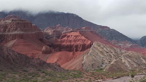 Escarpadas-Formaciones-Rocosas-De-Color-Rojo-Y-Naranja-En-La-Ruta-68,-Quebrada-De-Las-Conchas,-Argentina,-Bajo-Un-Cielo-Nublado