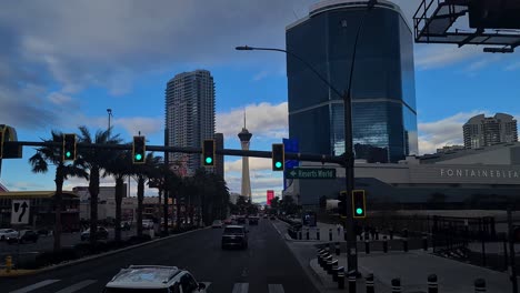 Evening-Traffic-on-Las-Vegas-Strip-POV,-Fontainebleau-Casino-Hotel-and-Cars