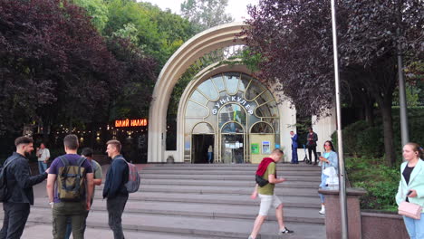 Funicular-railroad-main-entrance-in-Kyiv-city-Ukraine,-public-transport,-4K-shot