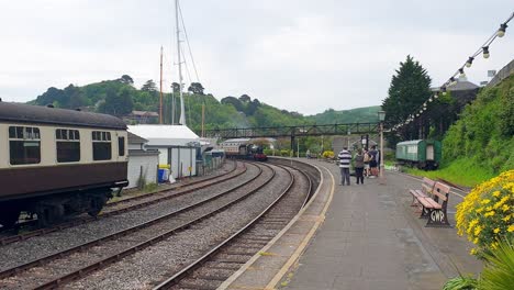 View-of-Dartmouth-Steam-Railway,-heritage-scenic-railway-line-between-Paignton-and-Kingswear-in-Devon,-England-UK