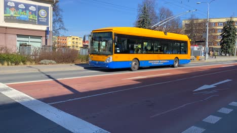 Two-Trolleybus-Traveling-In-The-City-Of-Zlin-In-Czech-Republic