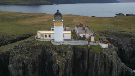 Aerial-Establishing-Revealing-Neist-Point-Lighthouse-and-Landscape