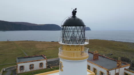 Neist-point-lighthouse-close-up,-isle-of-skye-with-ocean-and-cliffs-in-the-background,-aerial-view