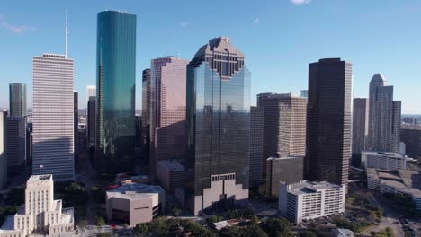 Downtown-Skyscrapers-and-Cityscape-Skyline-of-Houston,-Texas-USA,-Drone-Aerial-View