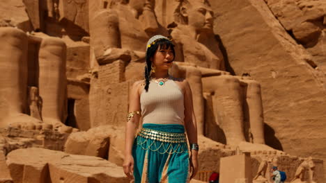 Mujer-Con-Traje-Tradicional-Frente-Al-Gran-Templo-De-Ramsés-II-En-Abu-Simbel-Con-Estatuas-Talladas