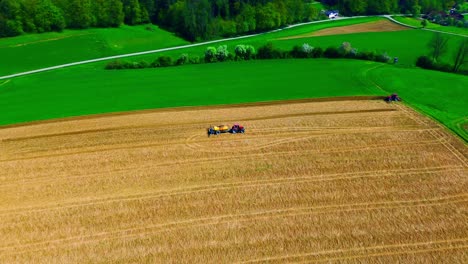 Luftaufnahme-Von-Bauern,-Die-Auf-Einem-Goldenen-Feld-In-Grüner-Umgebung-Getreide-Ernten