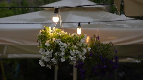 Blumen-Und-Sonnenschirm,-Beleuchtet-Von-Lampen:-Schöne-Eventdekoration,-Gartenkulisse-Im-Hinterhof-Ambiente
