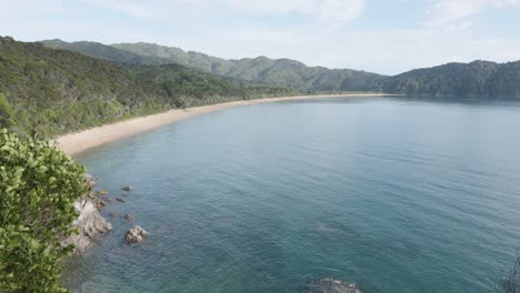 Vista-Amplia-De-La-Playa-De-Totaranui-Y-El-Bosque-Circundante-En-El-Parque-Nacional-Abel-Tasman,-Nueva-Zelanda