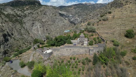 Aerial-approaches-ancient-fortified-Gndevank-Monastery-in-Armenia