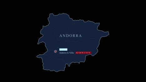 Stylized-Andorra-map-with-Andorra-la-Vella-capital-city-and-geographic-coordinates-on-black-background