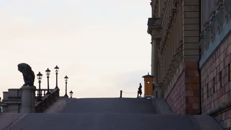 Royal-Guard-Standing-By-Stockholm-Palace-In-Sweden,-POV-From-Lion-Slope,-low-angle-static-shot