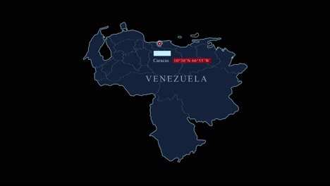 Blue-stylized-Venezuela-map-with-Caracas-capital-city-and-geographic-coordinates-on-black-background