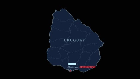 Blue-stylized-Uruguay-map-with-Montevideo-capital-city-and-geographic-coordinates-on-black-background