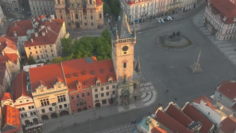 Drone-closeup-central-landmark,-city-square-of-Prague,-Czech-republic-daylight